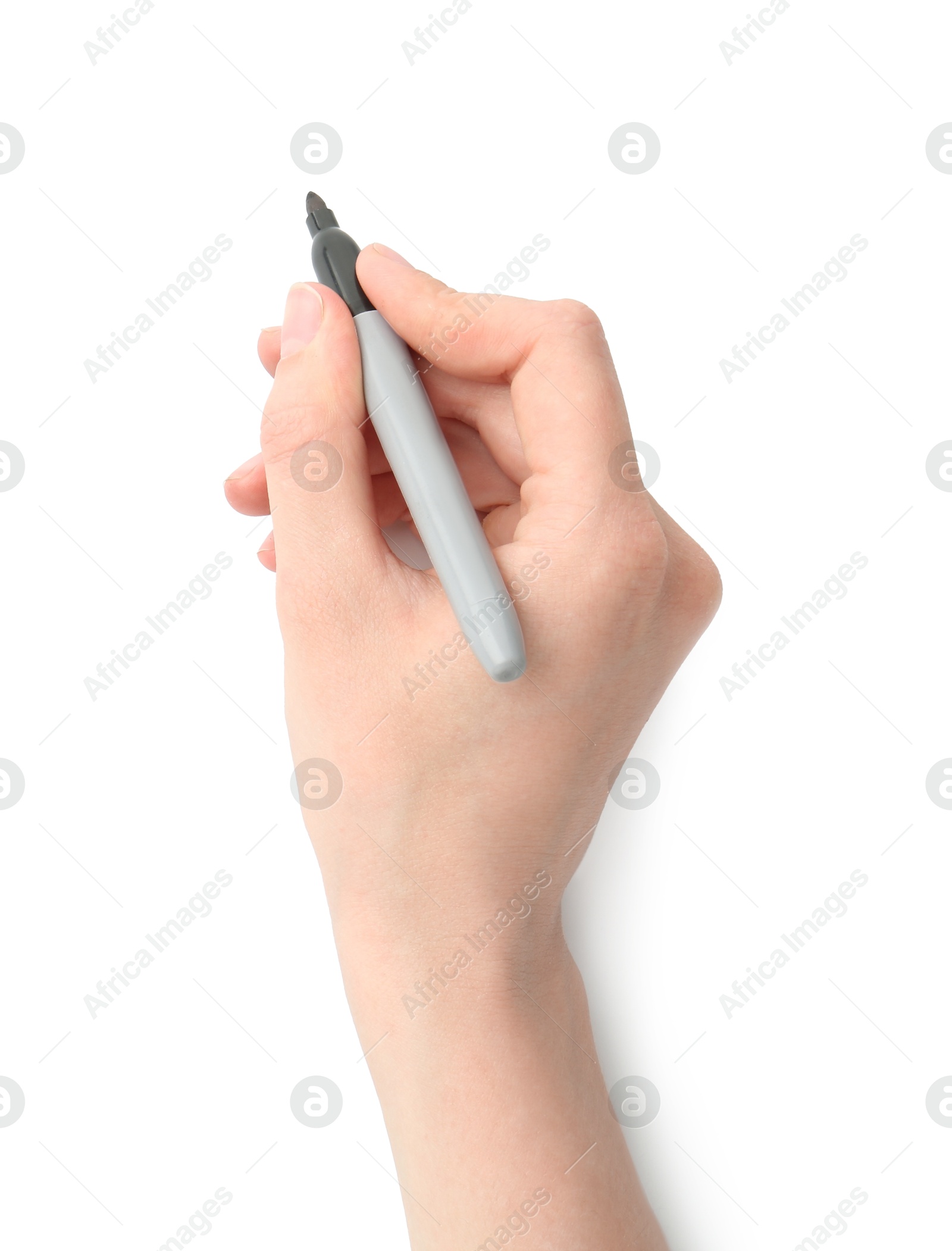 Woman with black marker on white background, closeup Photo of Woman with black marker on white background, closeup