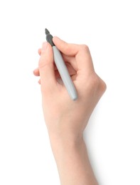 Photo of Woman with black marker on white background, closeup