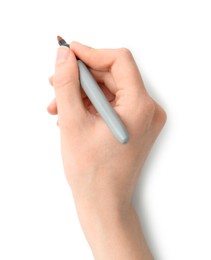 Photo of Woman with red marker on white background, closeup