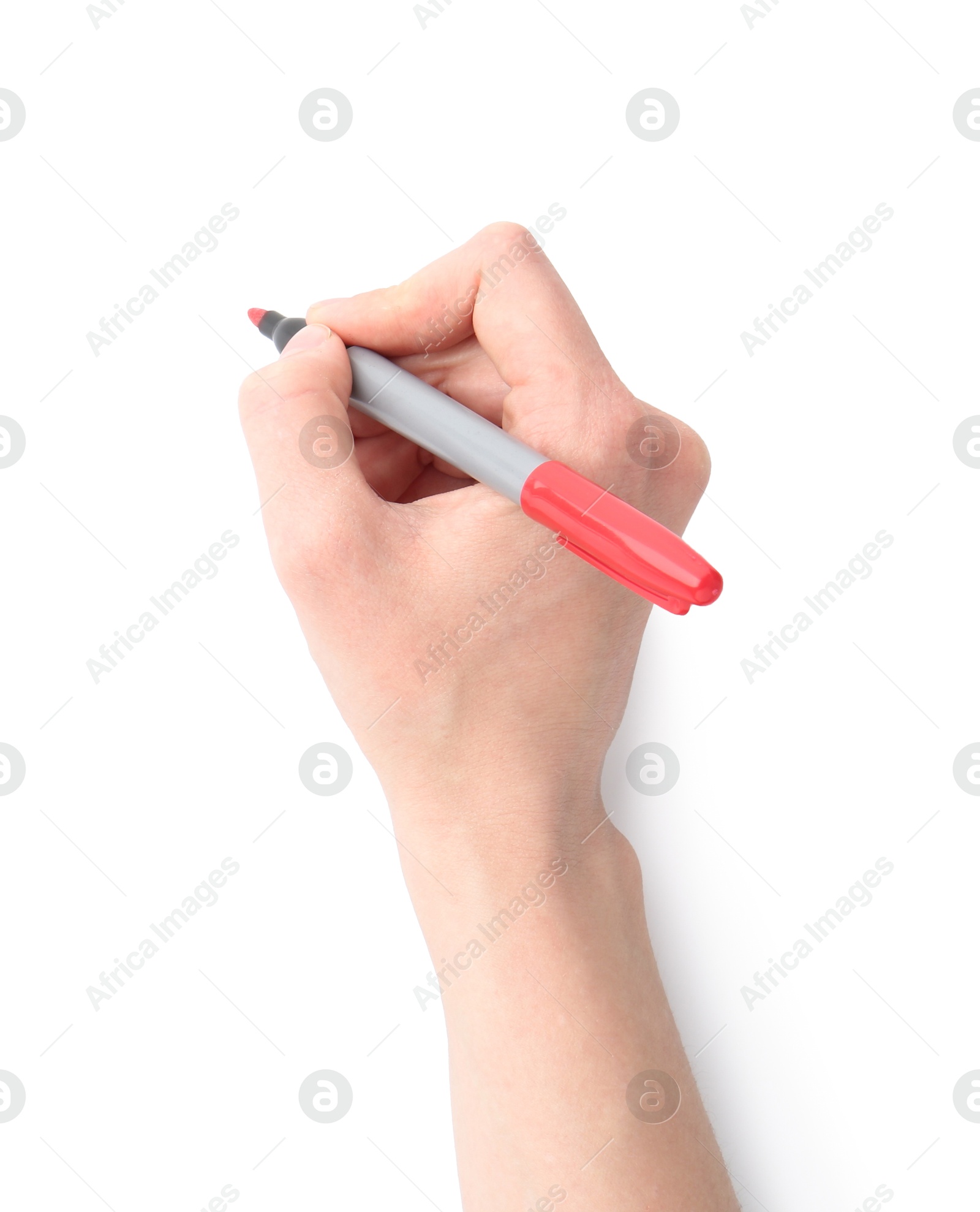 Woman with red marker on white background, closeup Photo of Woman with red marker on white background, closeup
