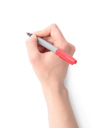 Photo of Woman with red marker on white background, closeup