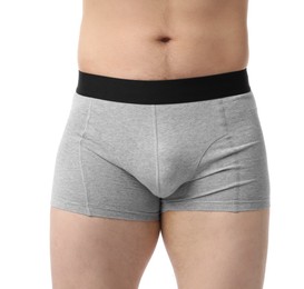 Photo of Young man in stylish light grey underwear on white background, closeup