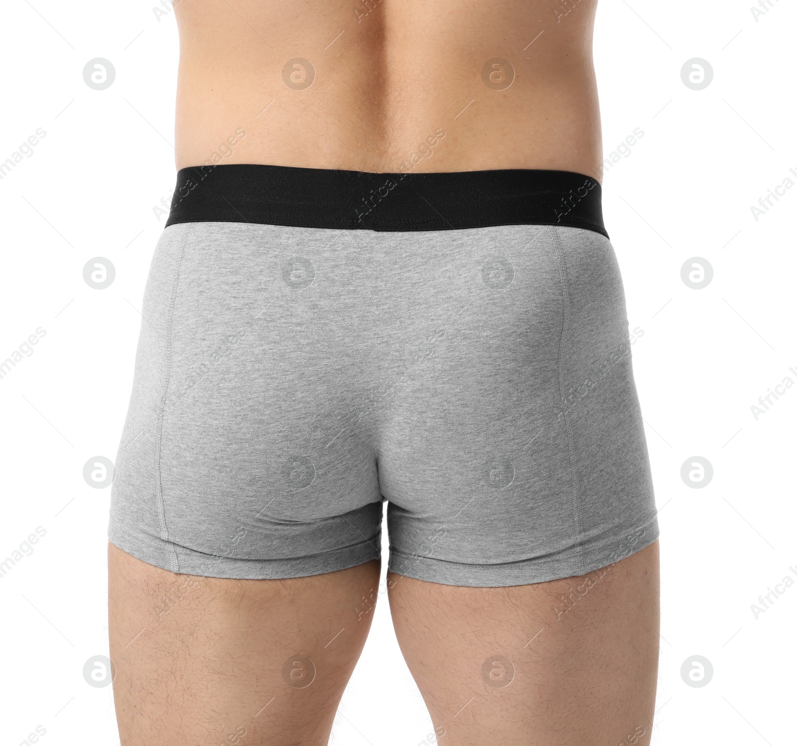 Young man in stylish light grey underwear on white background, closeup Photo of Young man in stylish light grey underwear on white background, closeup
