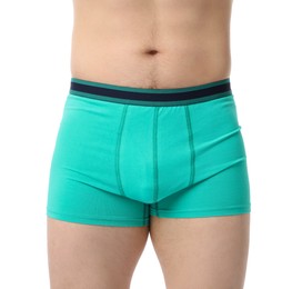 Photo of Young man in stylish turquoise underwear on white background, closeup