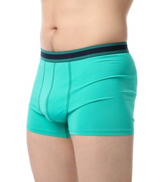 Photo of Young man in stylish turquoise underwear on white background, closeup