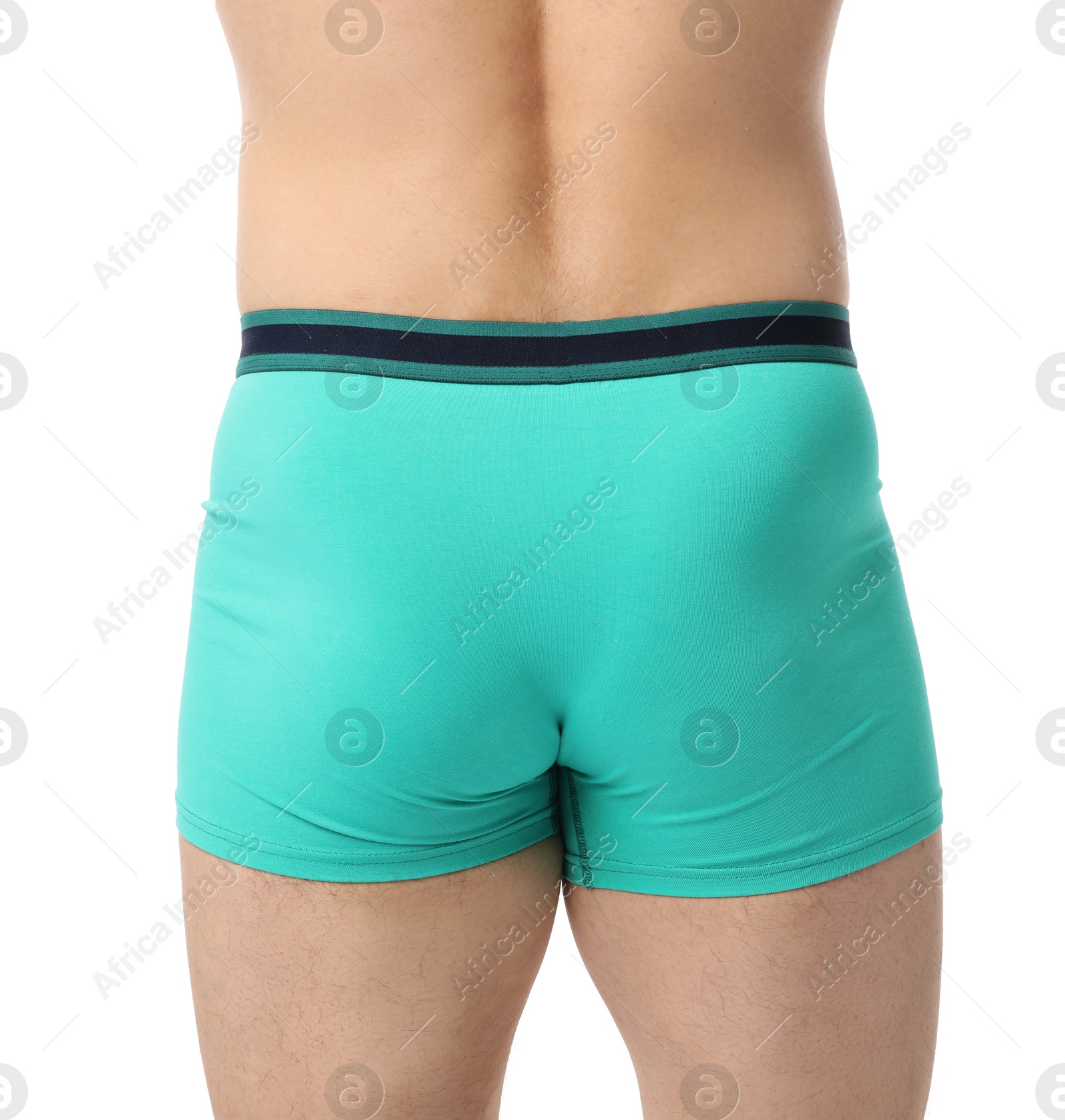 Young man in stylish turquoise underwear on white background, closeup Photo of Young man in stylish turquoise underwear on white background, closeup
