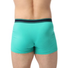 Photo of Young man in stylish turquoise underwear on white background, closeup
