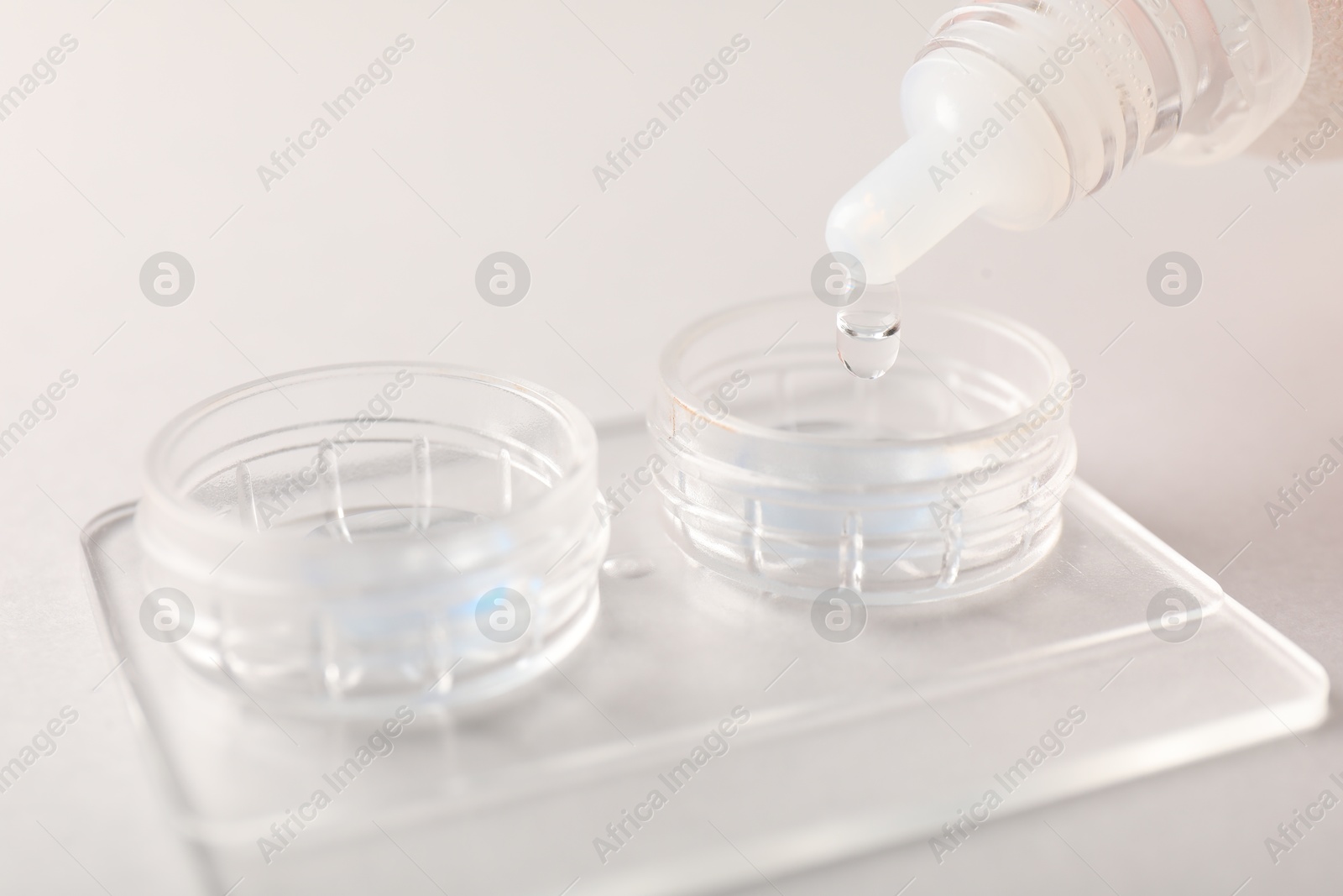 Dripping solution into case with contact lenses on light background, closeup Photo of Dripping solution into case with contact lenses on light background, closeup