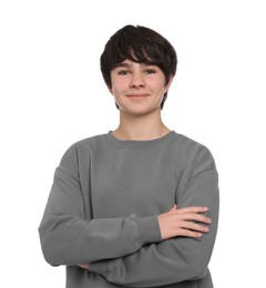 Photo of Portrait of teenage boy on white background