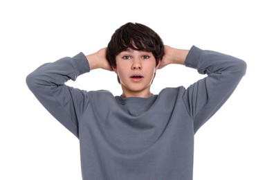 Photo of Portrait of teenage boy on white background