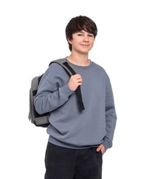 Photo of Portrait of teenage boy with backpack on white background