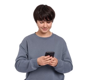 Photo of Teenage boy with smartphone on white background
