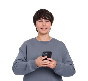 Photo of Teenage boy with smartphone on white background
