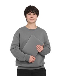Photo of Teenage boy with laptop on white background