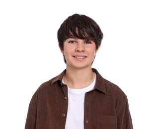 Photo of Portrait of teenage boy on white background