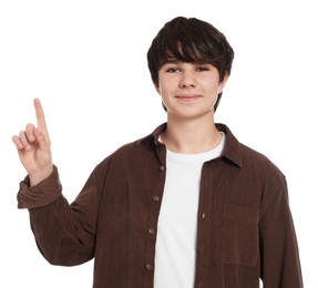 Photo of Portrait of teenage boy on white background
