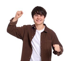 Photo of Portrait of teenage boy on white background