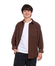 Photo of Portrait of teenage boy on white background