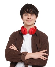 Photo of Teenage boy with headphones on white background