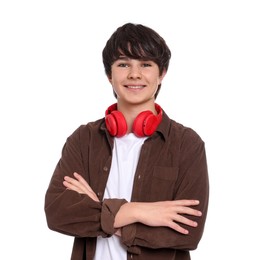 Photo of Teenage boy with headphones on white background