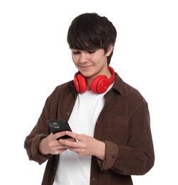 Photo of Teenage boy with headphones and smartphone on white background