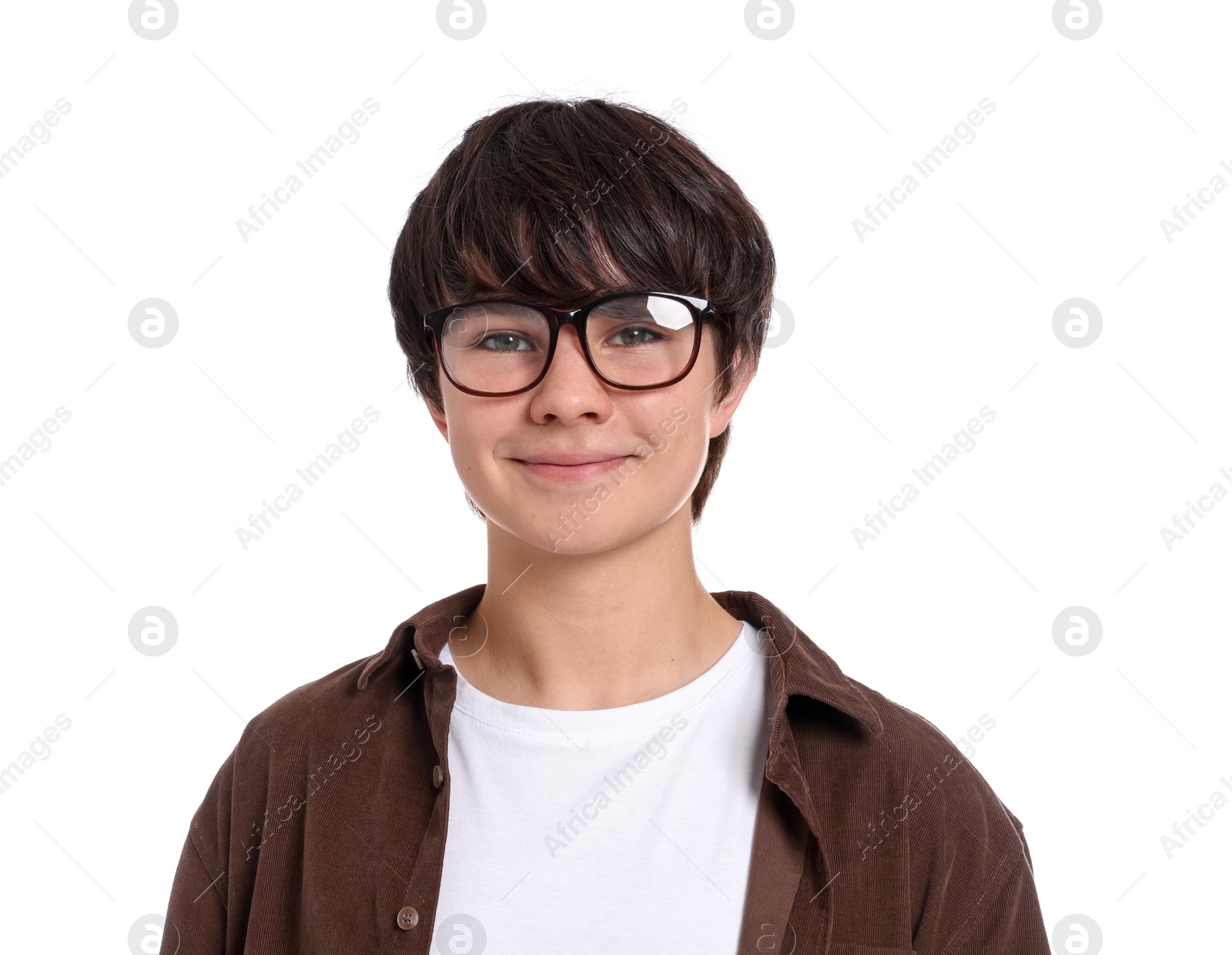 Portrait of teenage boy in glasses on white background Photo of Portrait of teenage boy in glasses on white background