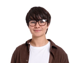 Photo of Portrait of teenage boy in glasses on white background