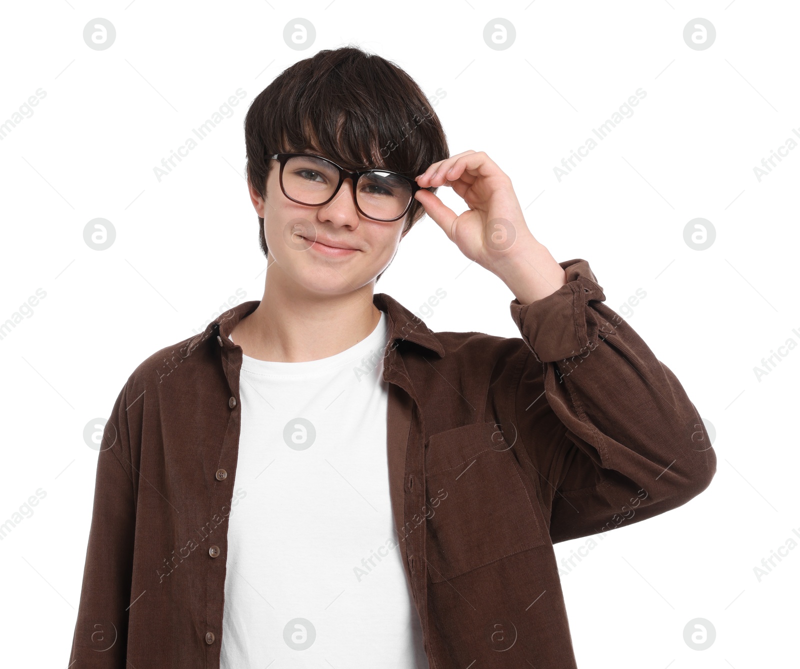 Portrait of teenage boy in glasses on white background Photo of Portrait of teenage boy in glasses on white background