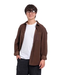 Photo of Portrait of teenage boy in glasses on white background