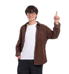 Photo of Portrait of teenage boy in glasses on white background