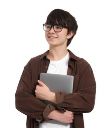 Photo of Teenage boy in glasses with laptop on white background