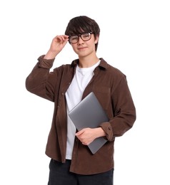 Photo of Teenage boy in glasses with laptop on white background