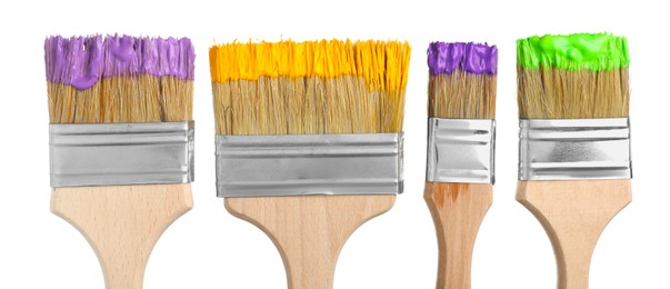 Photo of Brushes with different paints isolated on white