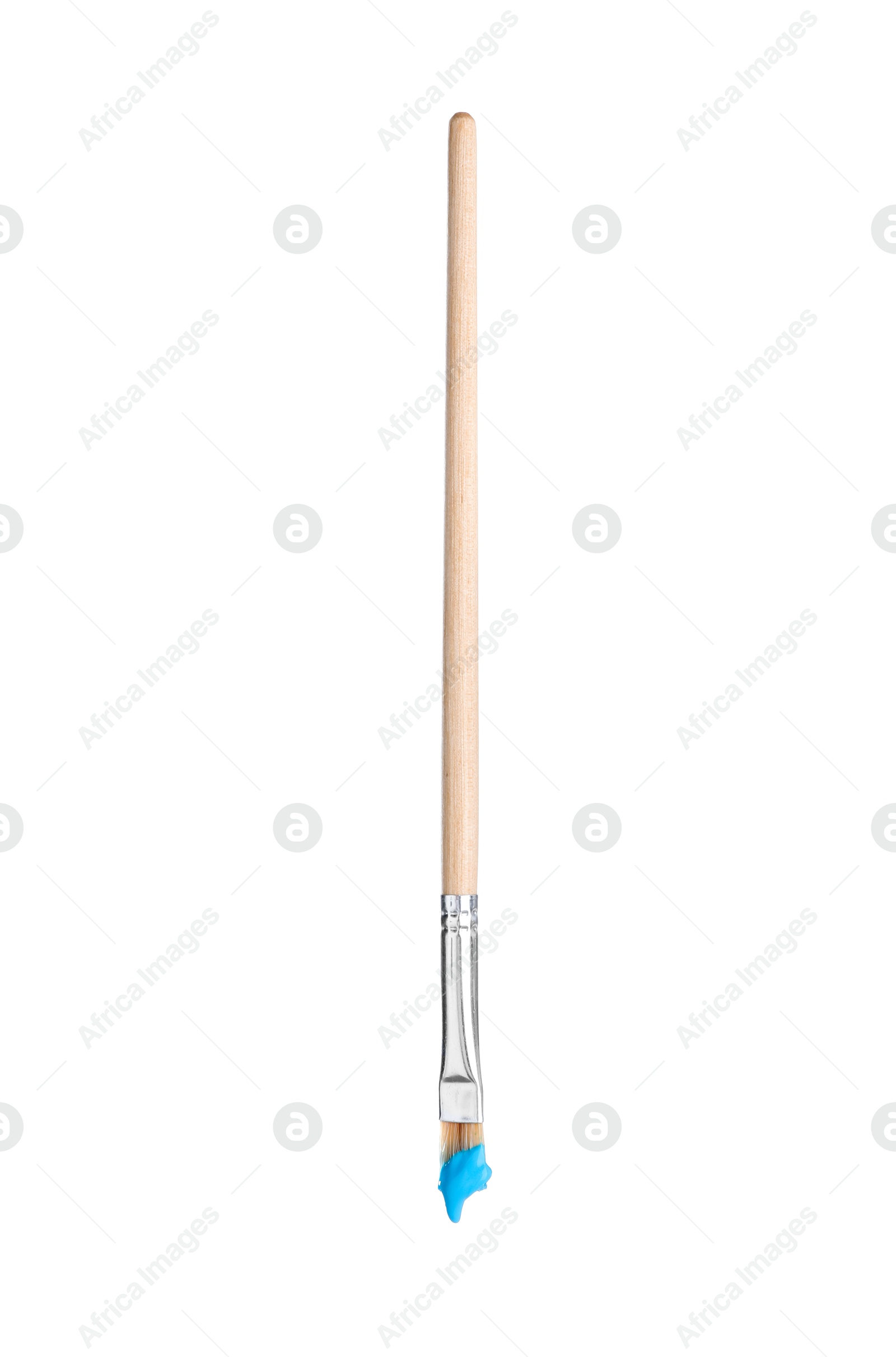 Brush with light blue paint isolated on white Photo of Brush with light blue paint isolated on white