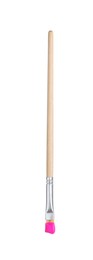 Photo of Brush with pink paint isolated on white
