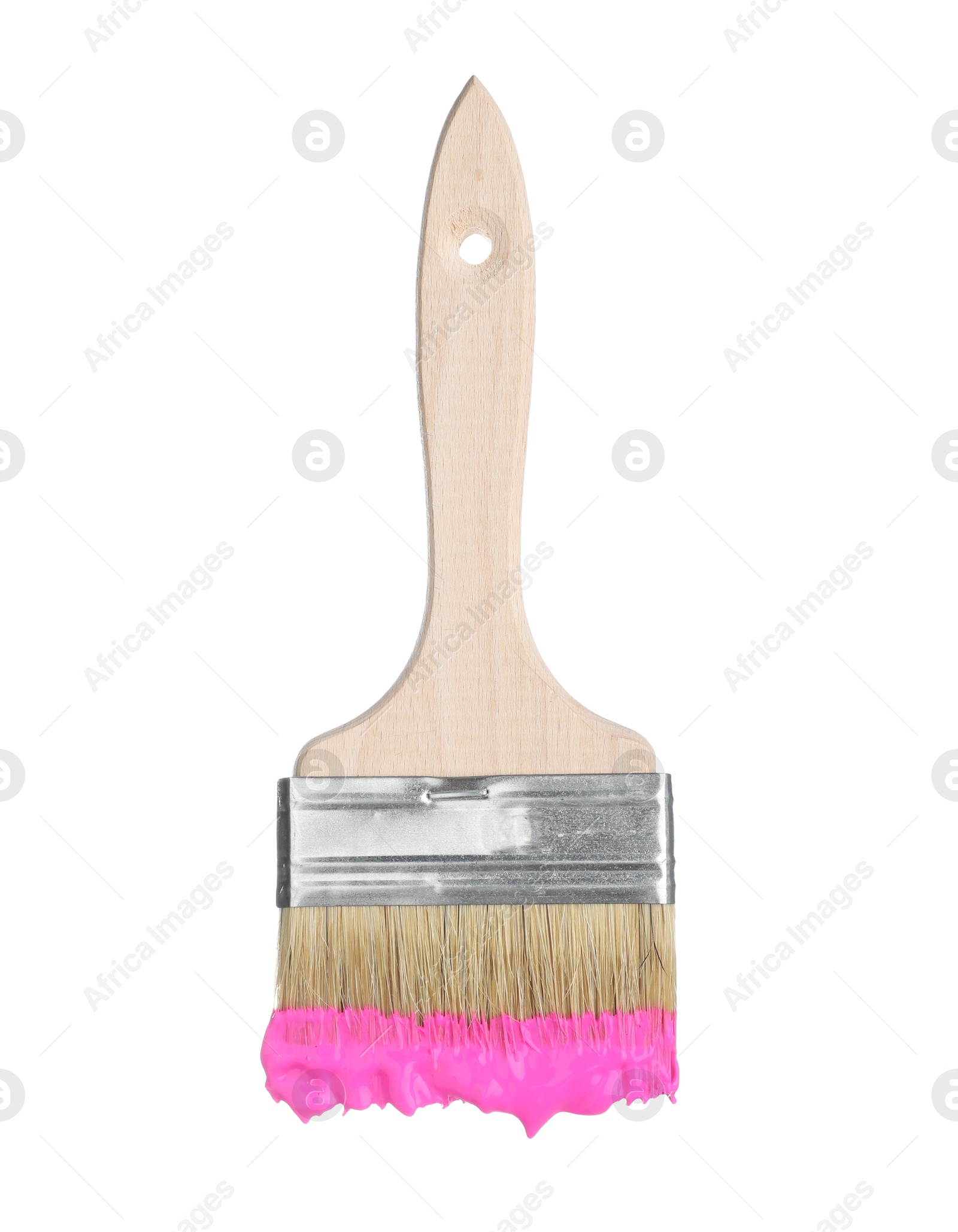 Brush with pink paint isolated on white Photo of Brush with pink paint isolated on white