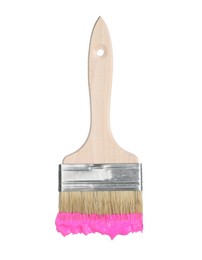 Photo of Brush with pink paint isolated on white