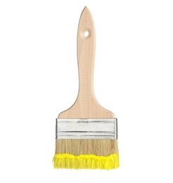 Photo of Brush with yellow paint isolated on white