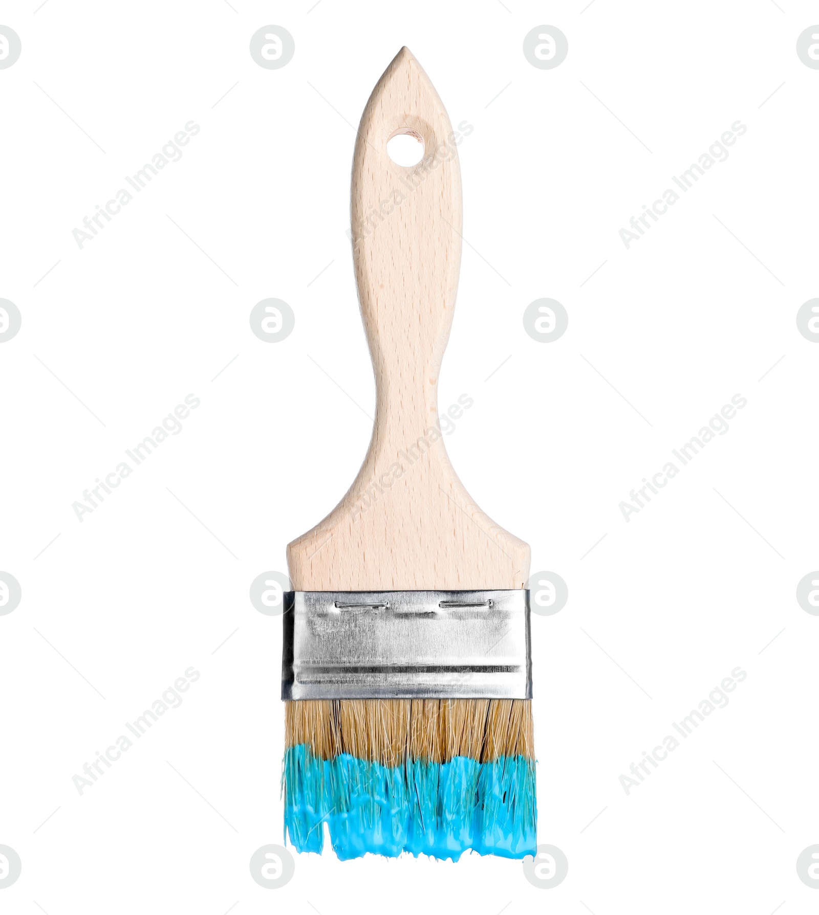 Brush with light blue paint isolated on white Photo of Brush with light blue paint isolated on white