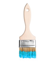 Photo of Brush with light blue paint isolated on white