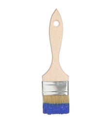 Photo of Brush with blue paint isolated on white