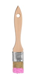 Photo of Brush with pink paint isolated on white