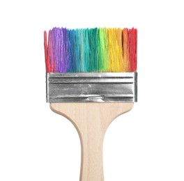 Photo of Brush with colorful paints isolated on white