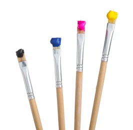 Photo of Brushes with different paints isolated on white