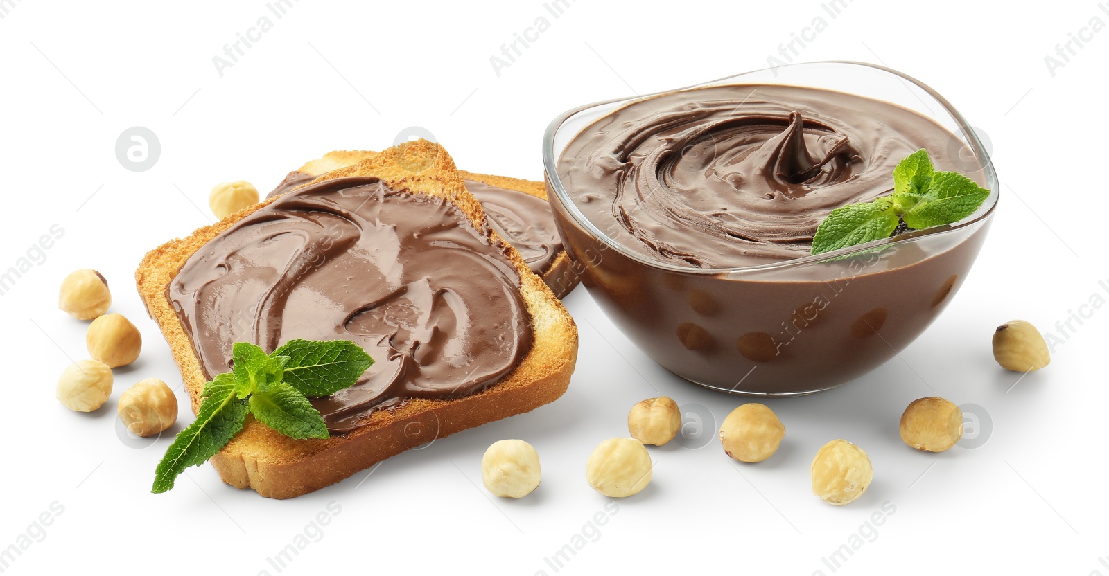 Photo of Toasts with tasty chocolate spread, mint and hazelnuts isolated on white