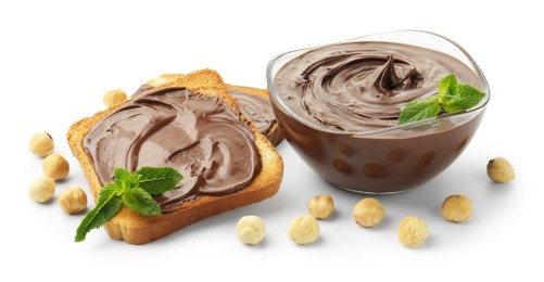 Photo of Toasts with tasty chocolate spread, mint and hazelnuts isolated on white