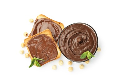 Photo of Toasts with tasty chocolate spread, mint and hazelnuts isolated on white, top view