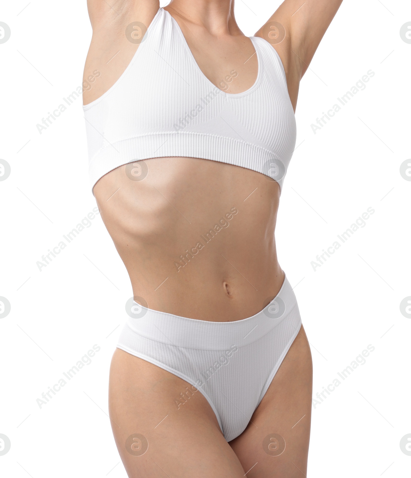 Woman with perfect slim body on white background, closeup Photo of Woman with perfect slim body on white background, closeup