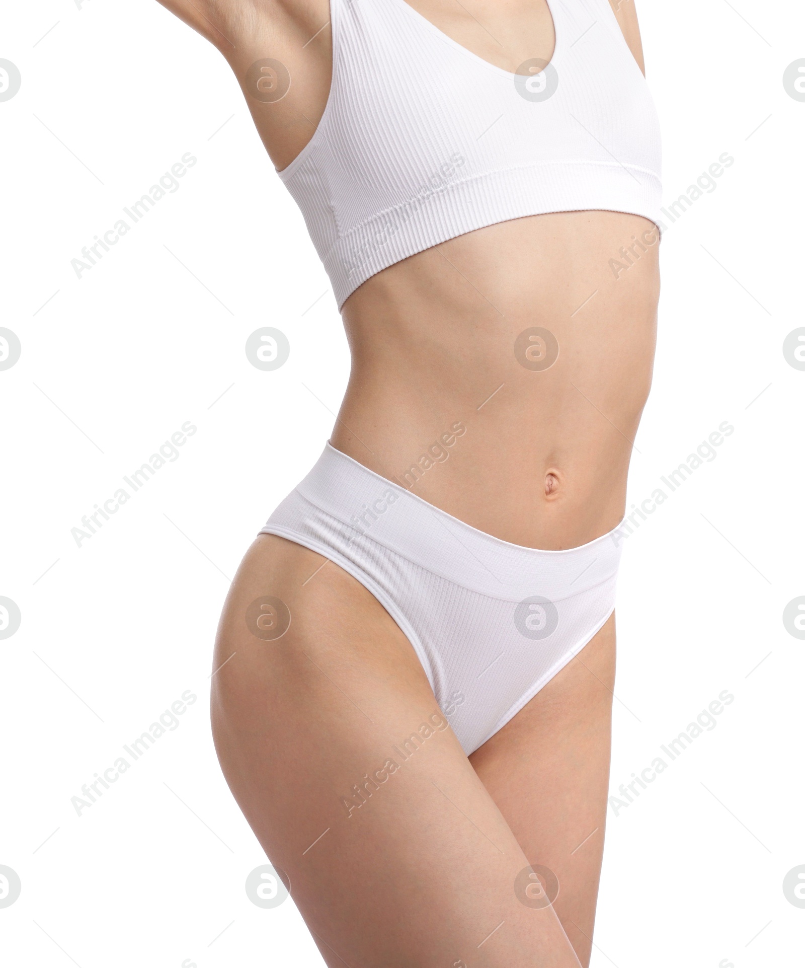 Woman with perfect slim body on white background, closeup Photo of Woman with perfect slim body on white background, closeup