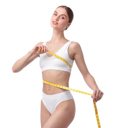 Photo of Woman with slim body and measuring tape on white background
